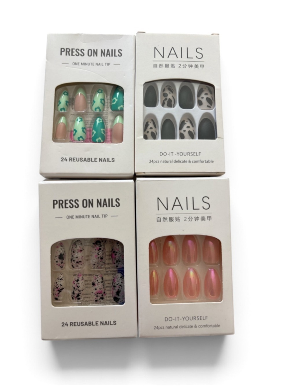 Assortment of Press-On Nails One Size Green and Beige (4 set designed nails)